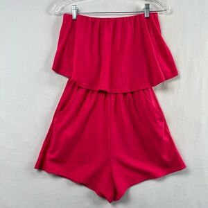 Davi & Dani Romper Womens Small Fuchsia Strapless Ruffle Elastic Waist Pink NEW